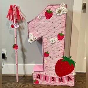 Pink Strawberry Themed Number One Decoration piñata